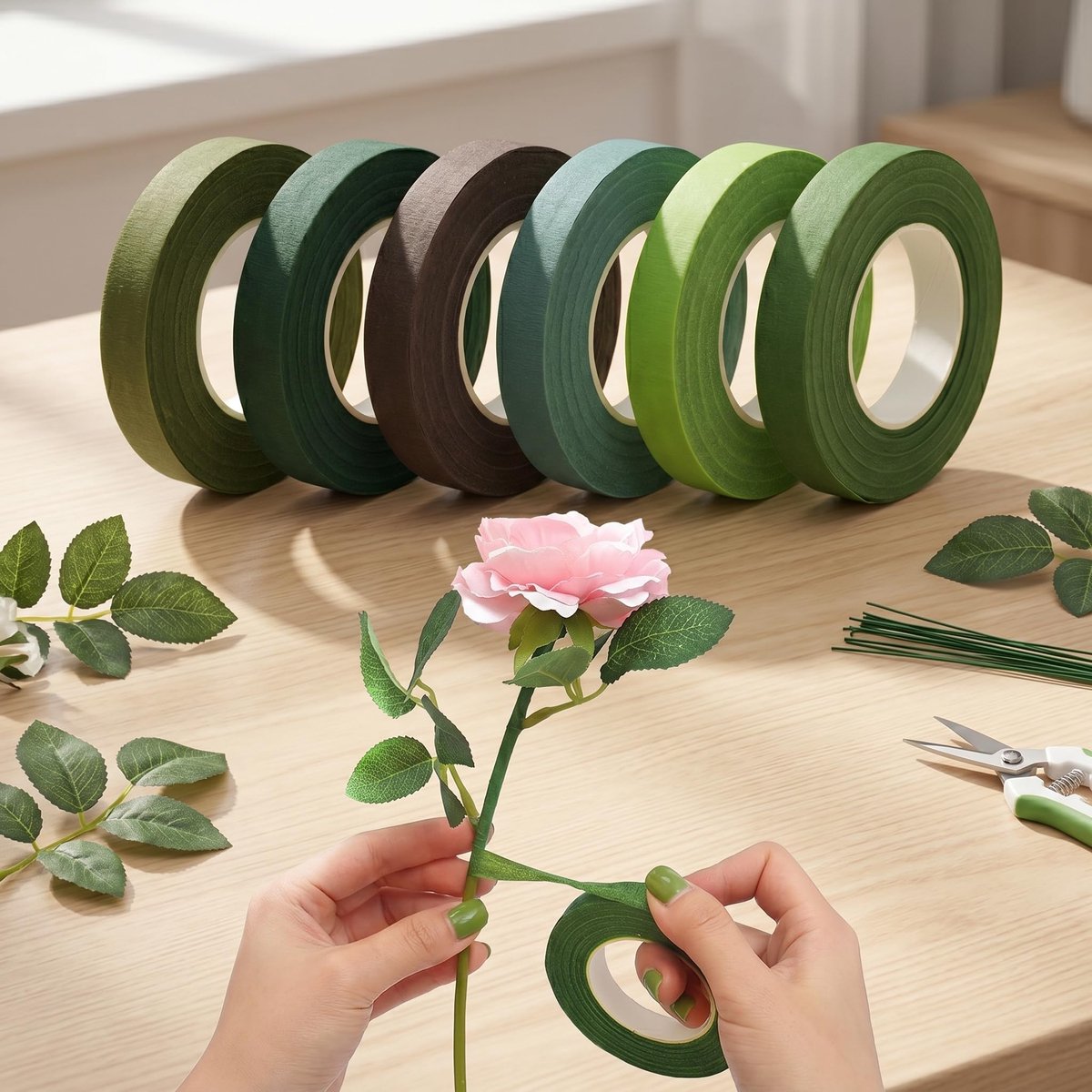 Bloemenband set 6 stuks - Groen 27m per rol - Elastische zelfklevende tape - Perfect voor bloemschikken - ShopVlot