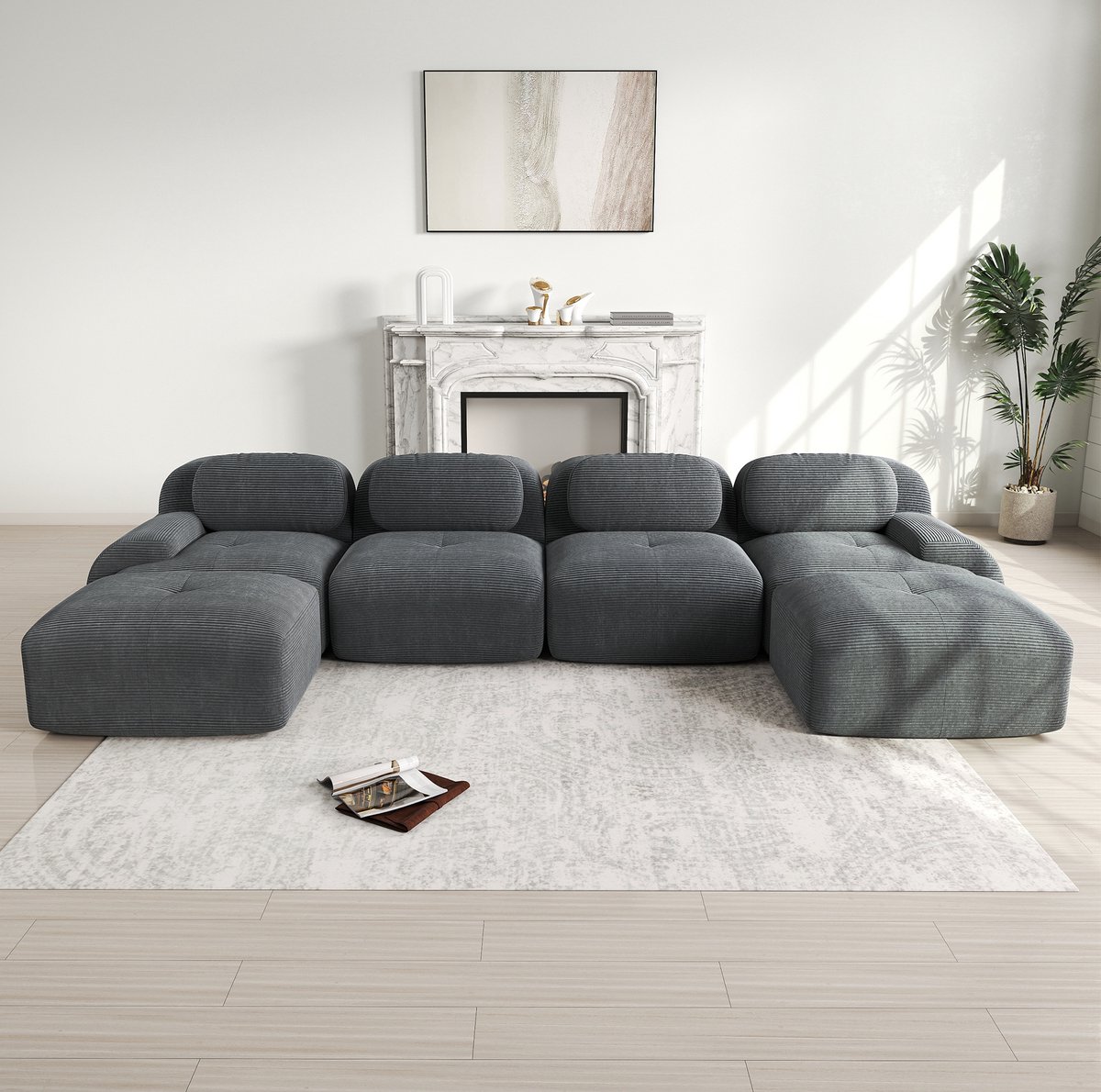 MEUNIQ modulaire U-bank 388 x 178 x 70 cm, 4-zits, zonder montage, grijze corduroy, met brede armleuningen voor woonkamer en slaapkamer Grijs