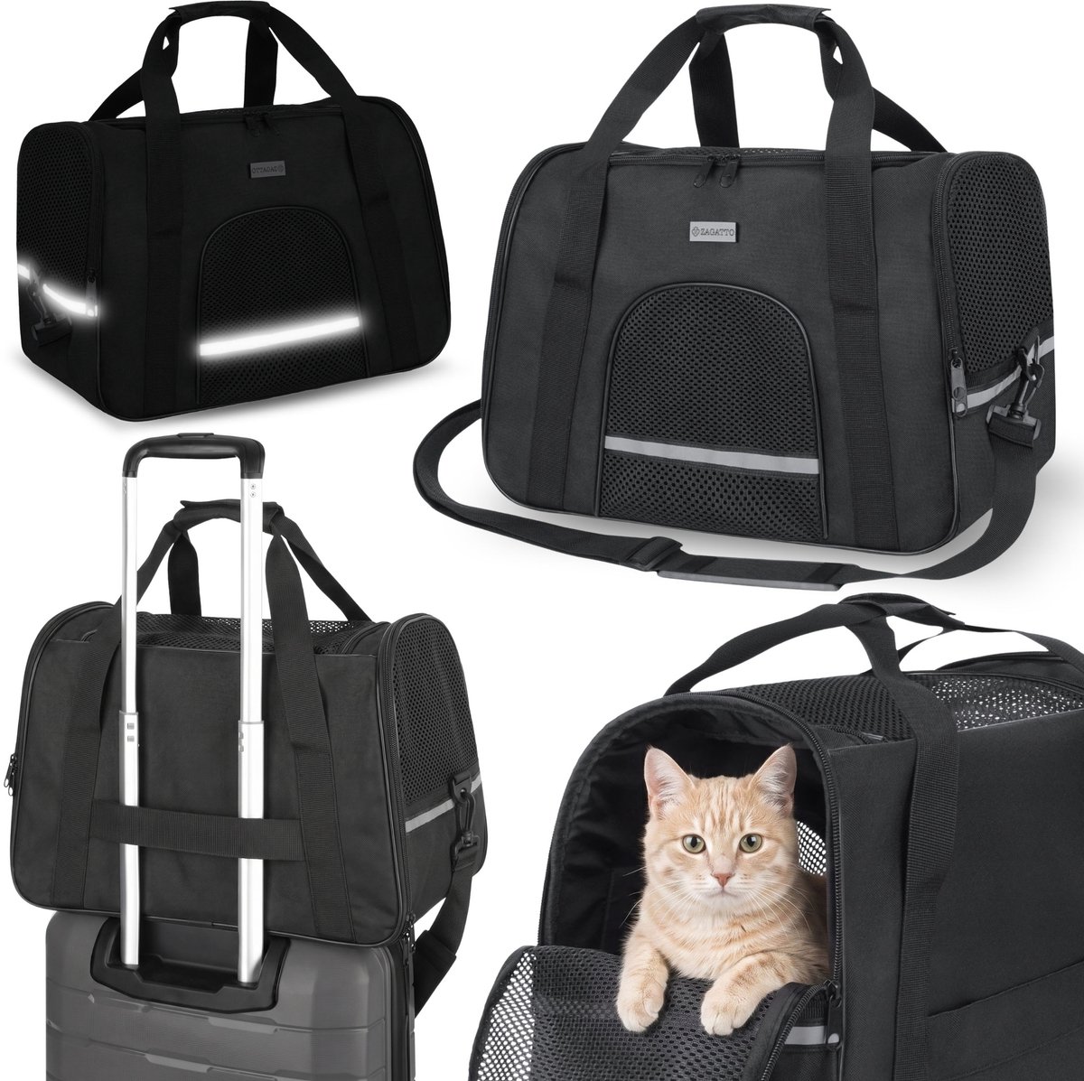 Zagatto Zwarte TRANSPORTER voor dieren, REFLECTERENDE reistas VOOR HOND 51x36x28 cm