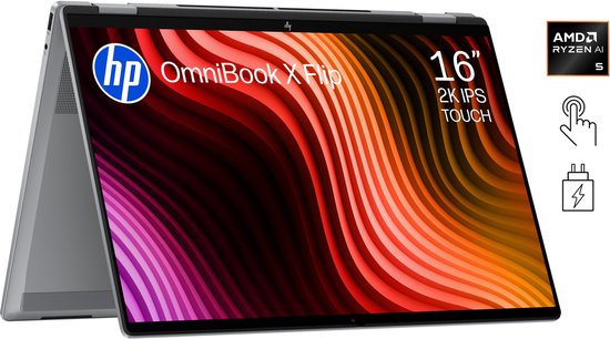 HP OmniBook X Flip laptop met 16-inch 2K IPS Touch scherm.