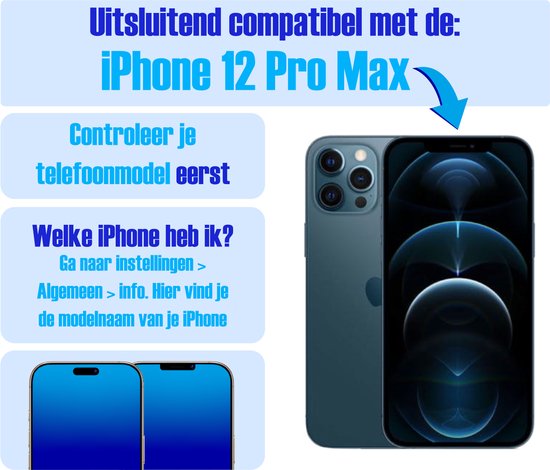 Afbeelding met telefoonmodellen en tekst die aangeeft dat de protector geschikt is voor iPhone 12 Pro Max.