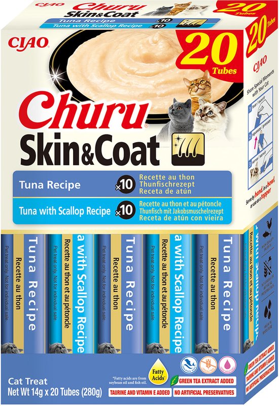 Doos met 20 Churu Skin & Coat kattensnacks. Tuna Recipe en Tuna with Scallop Recipe.