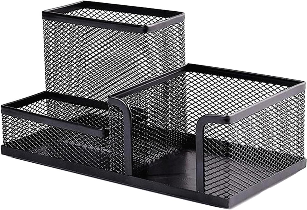 Pennenhouder met 3 vakken - metalen grid - zwart - ruimtebesparend voor kantoor - ShopVlot