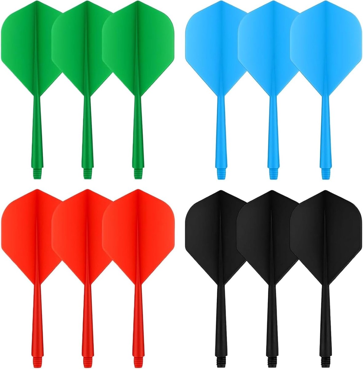 SnelShoppen - Pack van 12 Dart Flights met Shaft 75mm - Flexibele Dartaccessoires in Blauw, Rood, Zwart en Groen - Perfect voor Darten en Spelletjesav