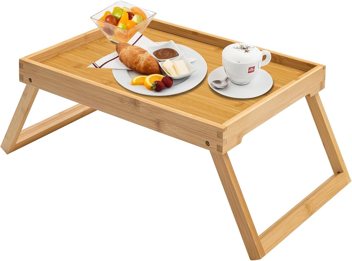 Bamboe Bedlade Tafel - Opvouwbare Poten - Beige - Ideaal voor Ontbijt en Laptopgebruik - ShopVlot