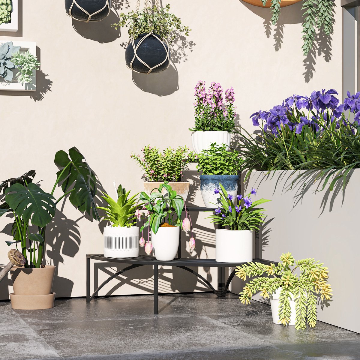 FloraGrace Plantenrek – 3 Etages – 87 X 60 X 60 Cm – Metaal – Zwart – Hoekmodel Voor Binnen En Buiten