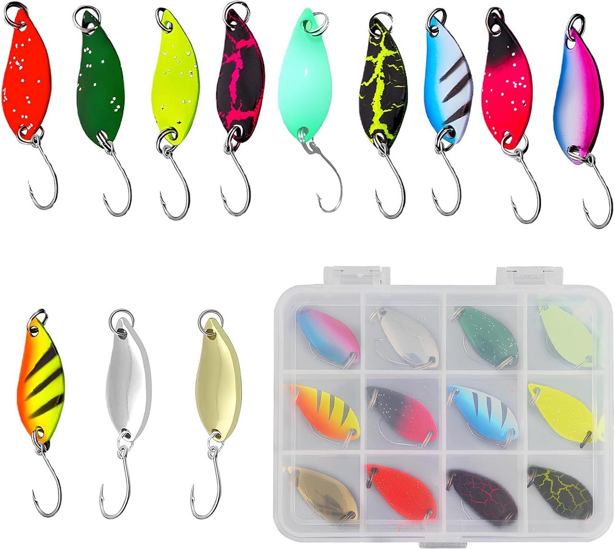 SnelShoppen - Fishing Trout Spoon Set - 12 Stuks Vissen met Lepels, Trout Bait Spinner, Indicator Lichten, Enkel Haak Set, Met Opbergdoos voor Forel,