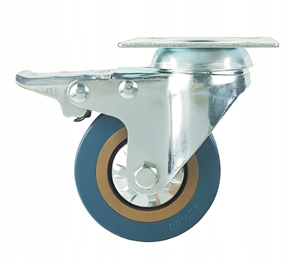 Zwenkwiel 100mm PVC met rem, blauw, 55kg draagvermogen, montageplaat