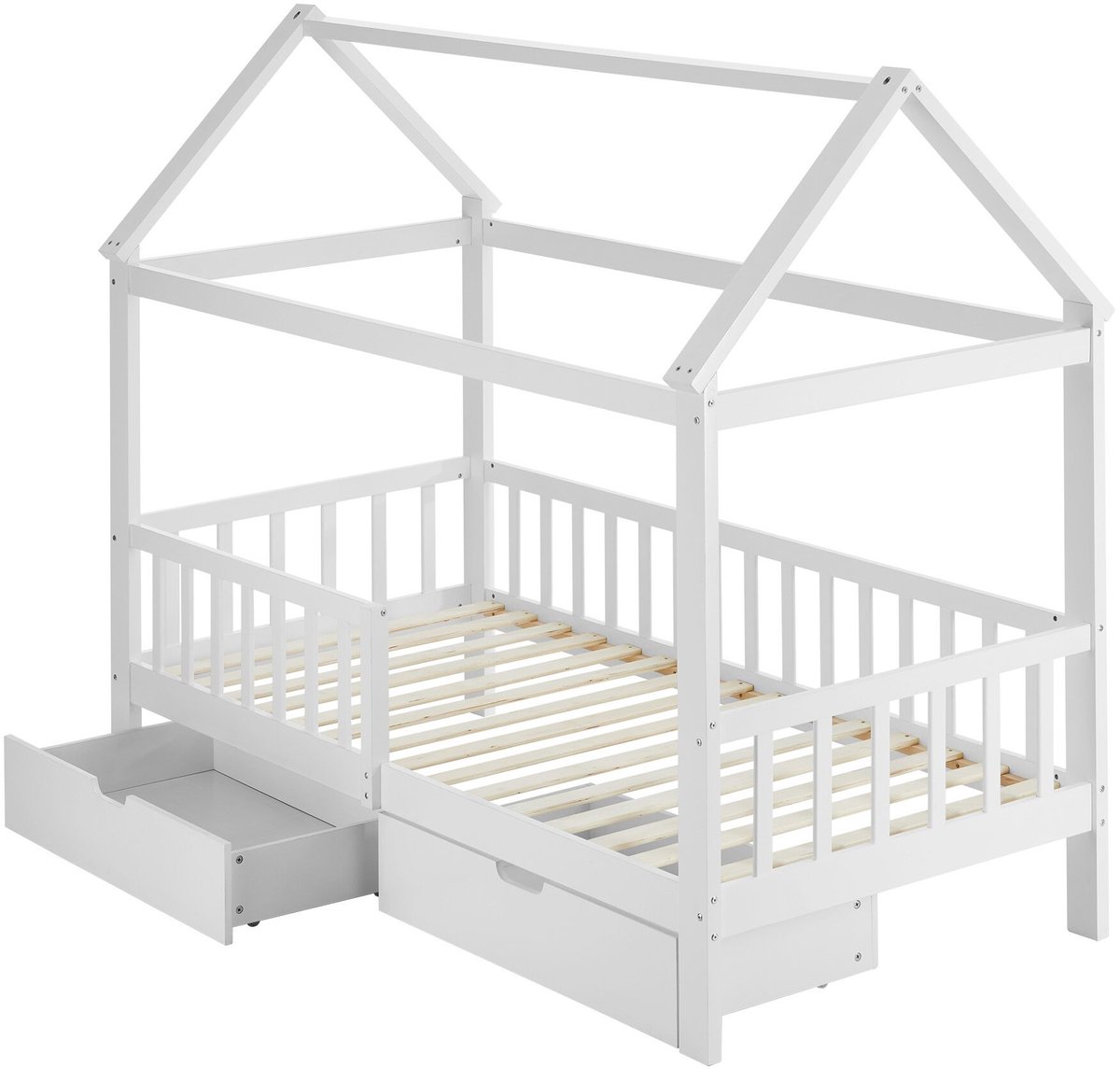 tectake® Kinderbed met Lades - Bedhuisje - Valbeveiliging - Grenenhout - Peuterbed met Opbergruimte - 90 x 200 - Geïnspireerd door Montessori - Lage Instap - Voor Jongens en Meisjes