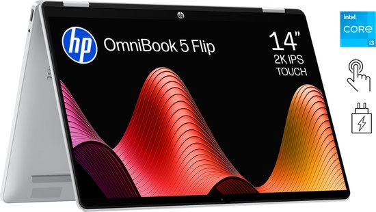 HP OmniBook 5 Flip 14-inch 2-in-1 laptop, zilverkleurig, met Intel Core i3 processor.