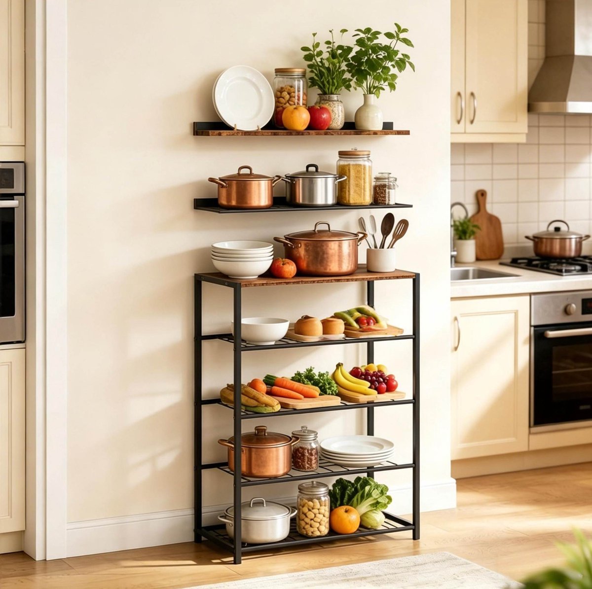 MIVRAY Schoenenkast - Open Staand Rek Met 4 Lagen - 83 x 63 x 30 cm - MDF En Metaal - Zwart En Rustiek Bruin - Industriële Opbergruimte Voor Hal En Woonkamer