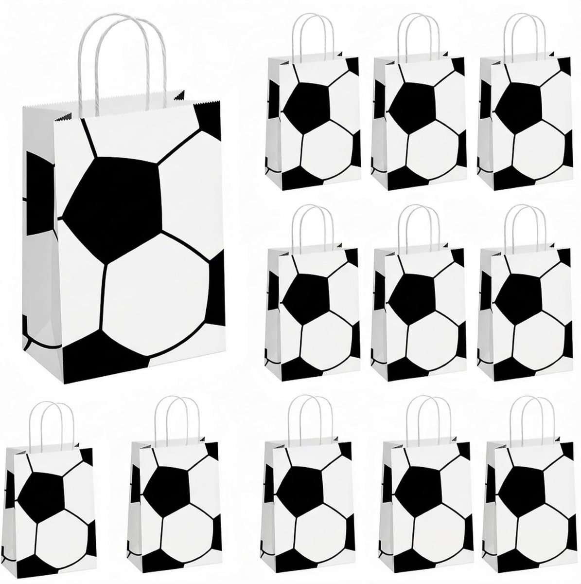 Voetbalfeestzakjes 12 stuks - kraftpapier - zwart-wit voetbalmotief - perfect voor kinderverjaardagen - ShopVlot