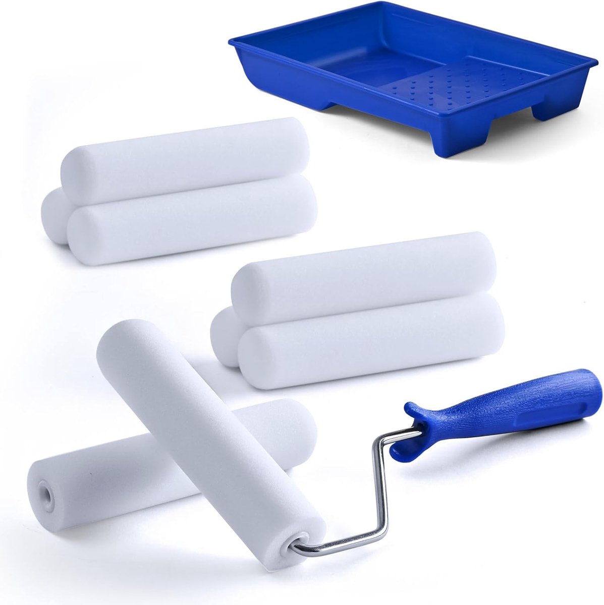 Foam roller verfroller 15 cm - set van 8 verfrollers - met rubberen handvat - voor nauwkeurig schilderwerk - ShopVlot