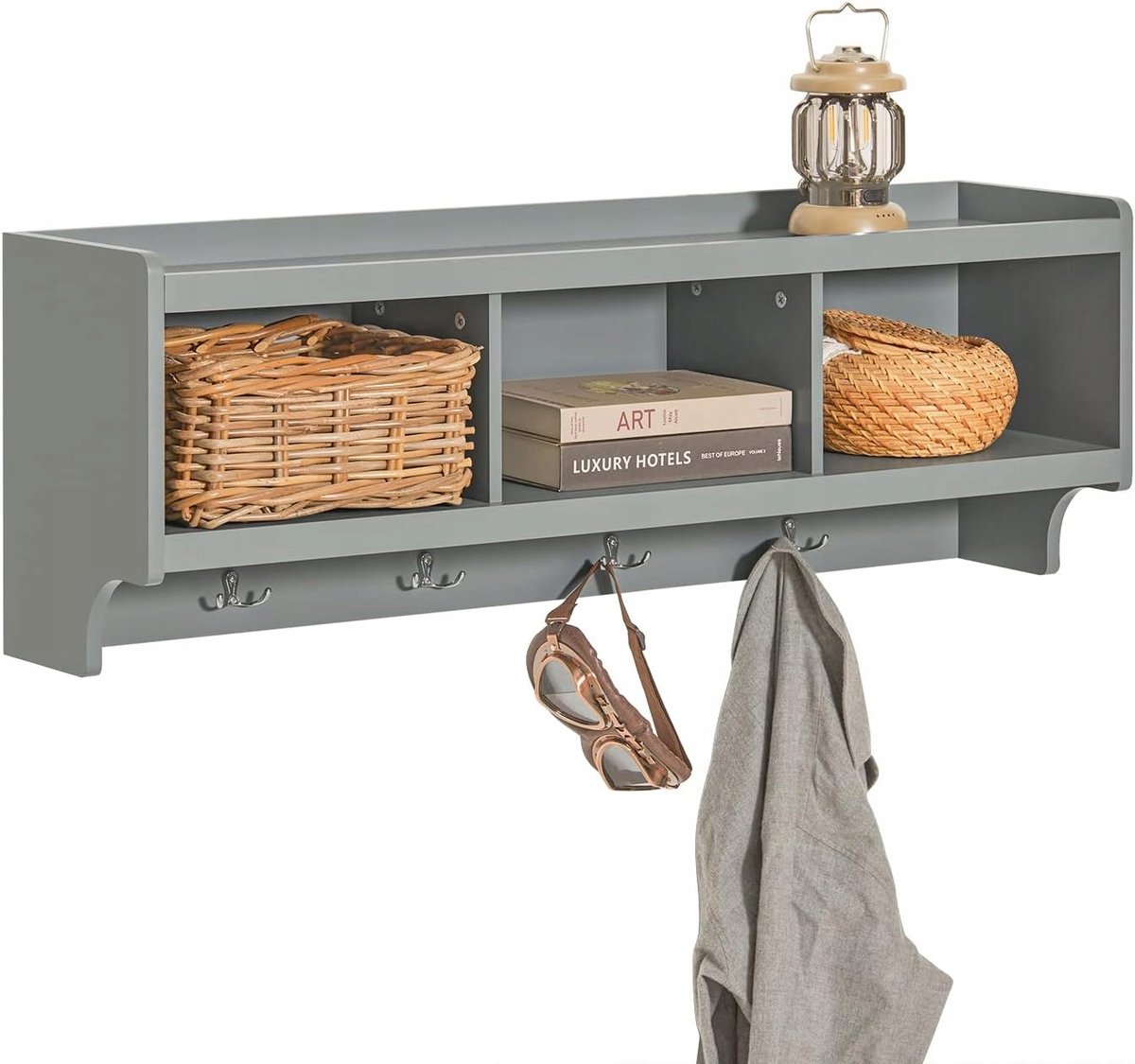 Merkloze Wandkapstok met Plank en Haken - Grijs
