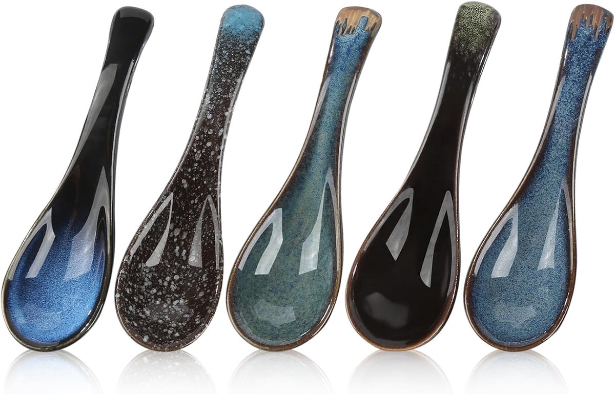 Set van 5 Japanse Stijl Soeplepels - Blauw Keramiek - Retro - Ideaal voor Soepen en Ramen - ShopVlot