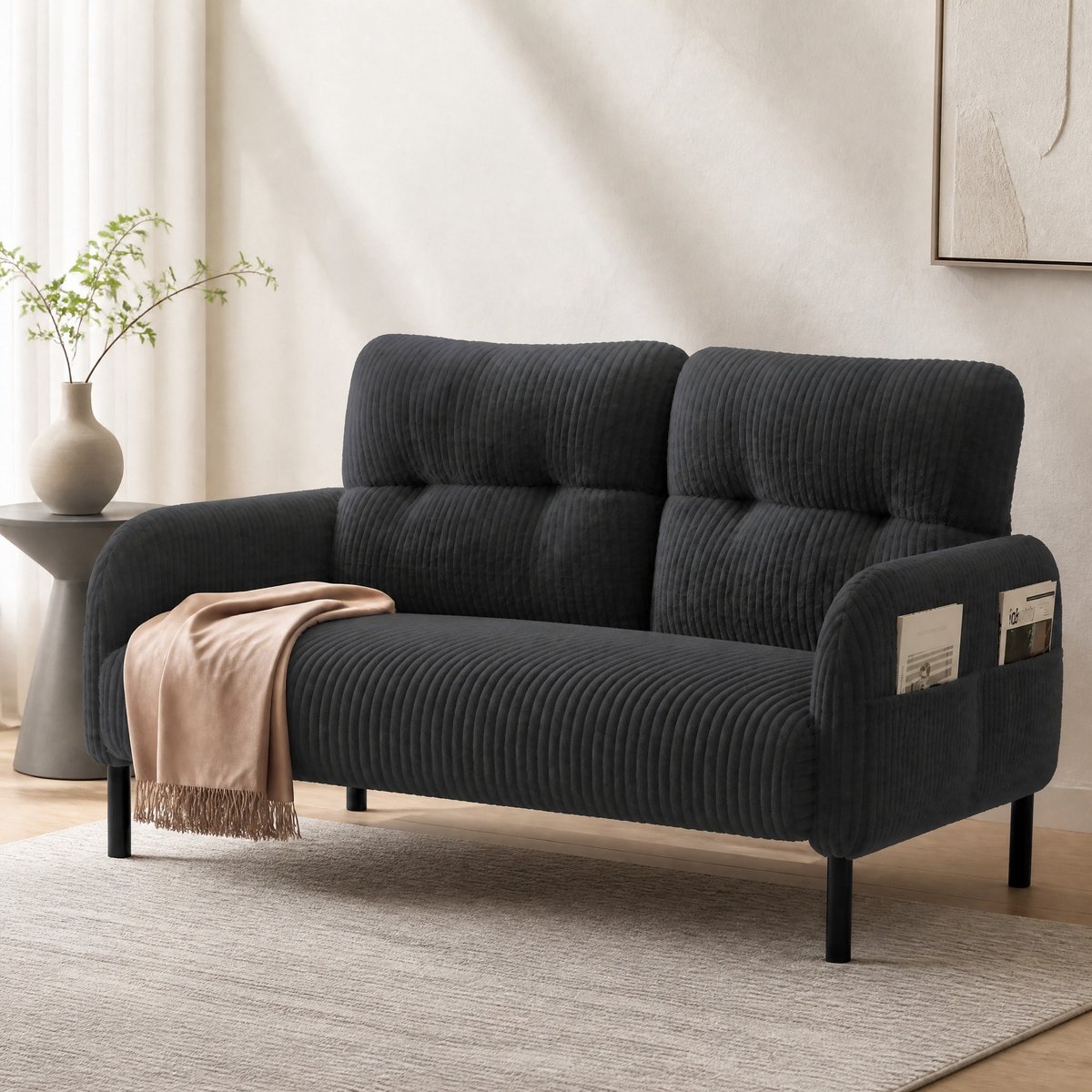 MEUNIQ 2-zits bank 120 x 75 x 79 cm met hoge rugleuning, armleuningen, zijtas en metalen poten, cordstof bank voor woonkamer, slaapkamer of werkkamer, grijs