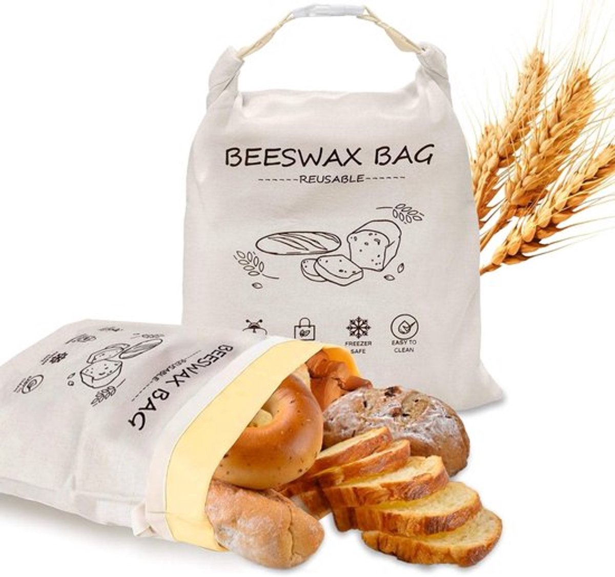 2-Pack Bijenwas Broodzakken XXL - 43x33cm - Herbruikbare Broodzak - Ademend & Vochtregulerend - Groot en Draagbaar - Natuurlijke Bijenwas & Katoen - Houdt Brood Langer Vers - Voor Zuurdesem & Zelfgebakken Brood