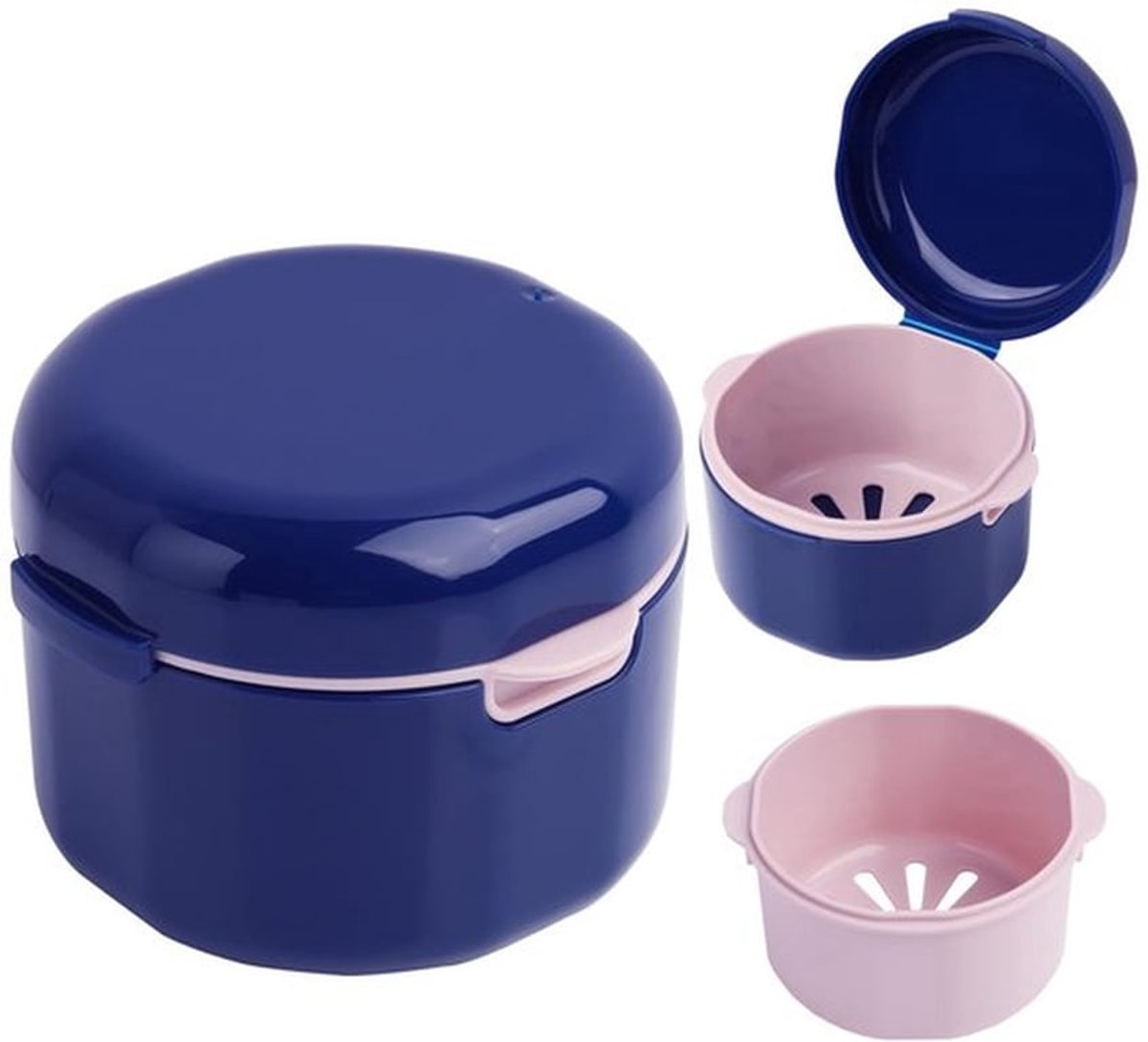 Tandendoos met zeef, tandheelkundige doos voor volwassenen, draagbare tandheelkundige apparaatdoos, blauw, voor beugels, prothesen en mondhygiëneapparaten