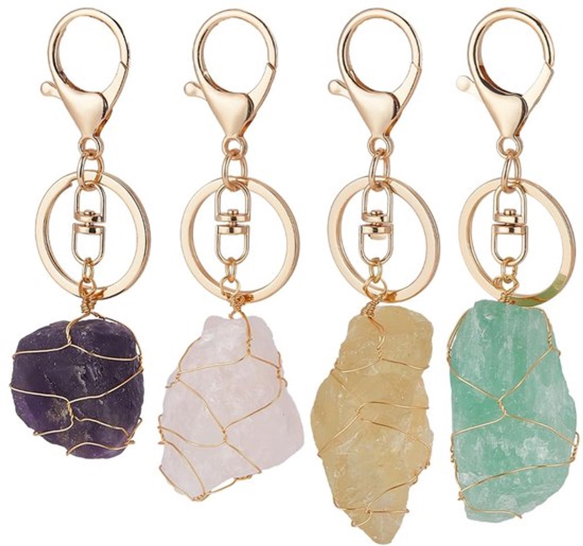 4 stuks natuurlijke kwarts kristal steen sleutelhanger 4 stijlen draad gewikkeld onregelmatige ruwe edelsteen amethist rozenkwarts fluoriet citrien kristal steen sleutelhanger met