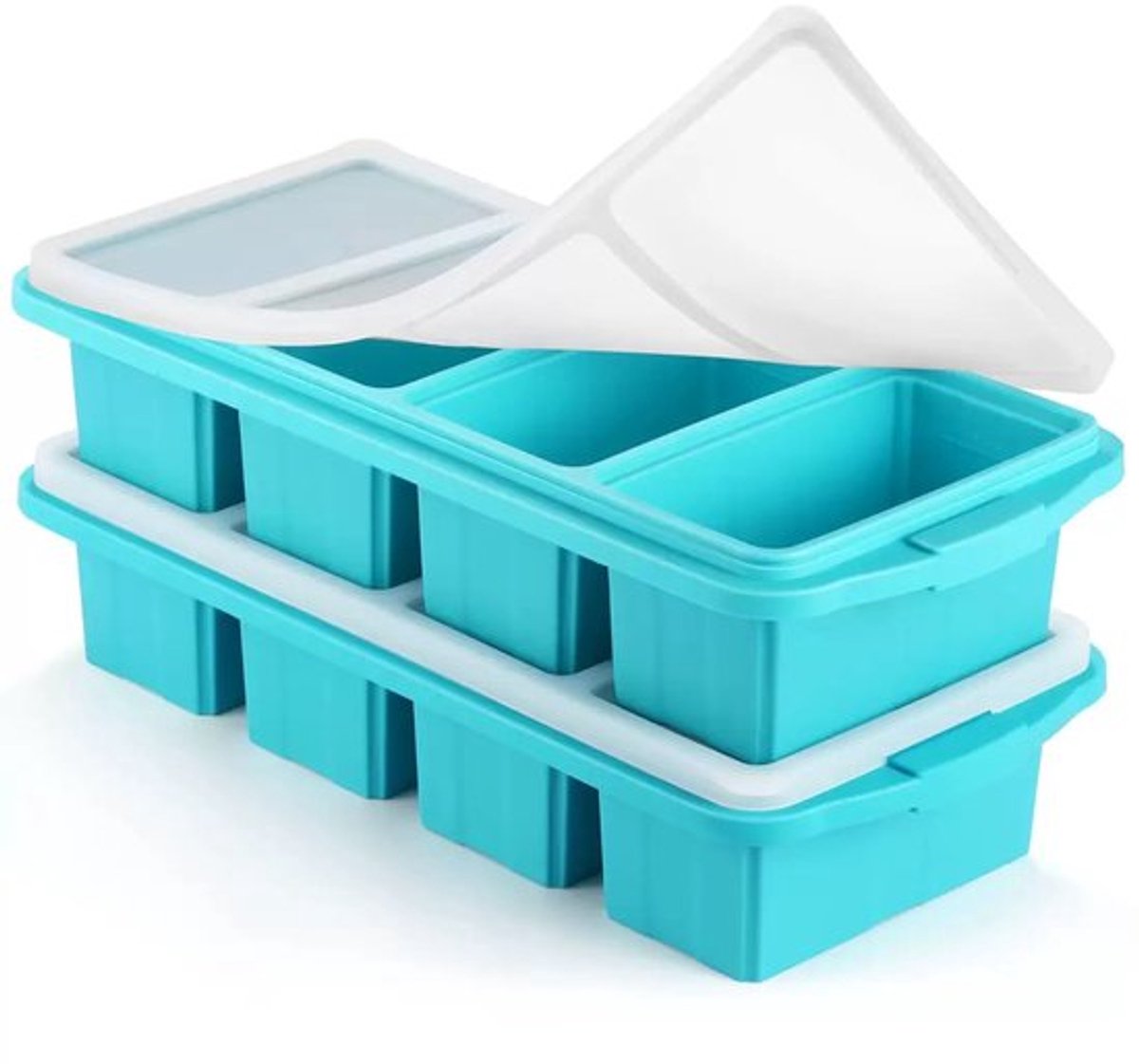 2-delige voedselbewaarcontainers, siliconen vriesbakjes, vriescontainers voor soepen, bouillons, sauzen en ijs, met deksels, 4 vakken, blauw