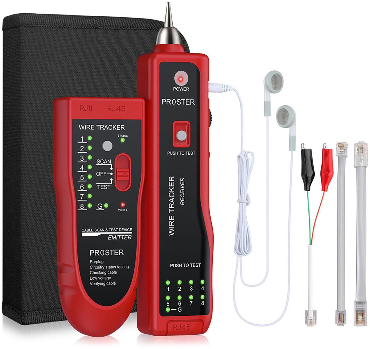 Netwerktester - Kabeltester - Multifunctionele netwerkkabelzoeker - Kabeltracer - RJ11- en RJ45-kabels - Inclusief draagtas - Immuniteit tegen interferentie - Brandwerend getest - Batterij niet inbegrepen - PoE-ondersteuning - ABS - Zwarte leren tas