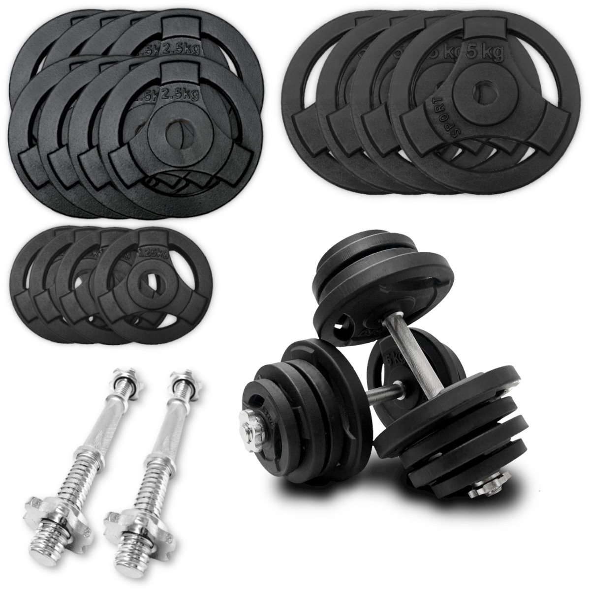 Merkloos Merkloze gietijzeren dumbbells, 2x25kg, 50kg set, verstelbaar