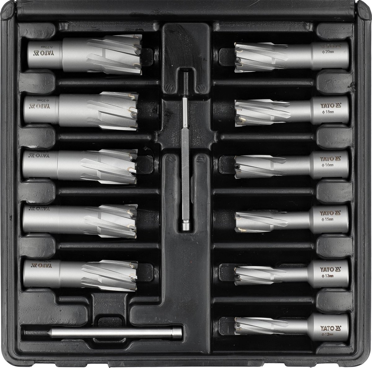 YATO YT-43413 Professionele TCT Kernborenset – 13-Delig – Hardmetaal (Tungsten Carbide Tipped) – Weldon Opname – Met Centreerpennen – Kernboren voor Staal, RVS & Metaal