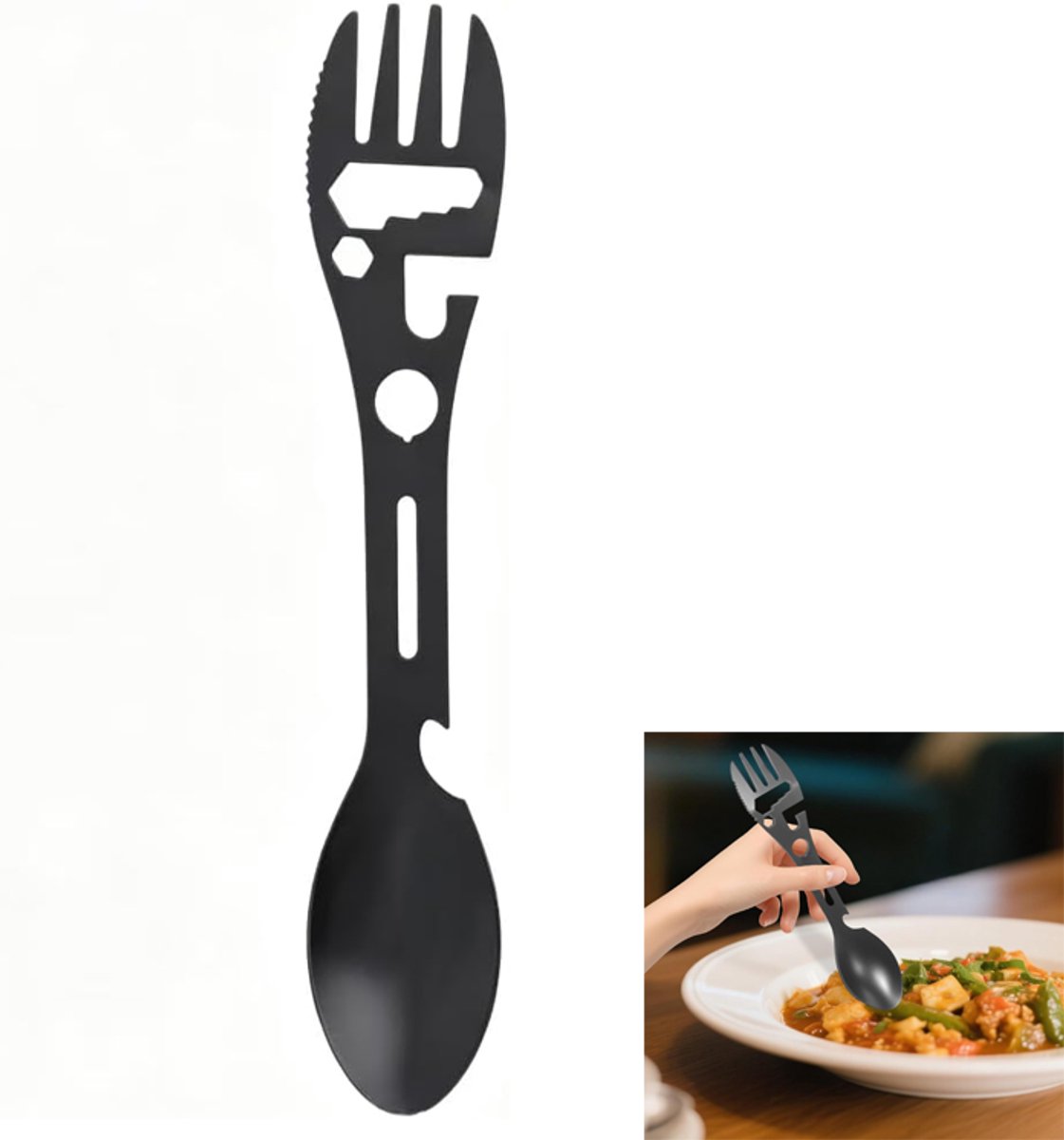 KZQ 10-in-1 multifunctionele campingvork en lepel - Roestvrij staal met flesopener blikopener mes moersleutel en kompas - Perfect voor wandelen picknick en outdoor - Zilver