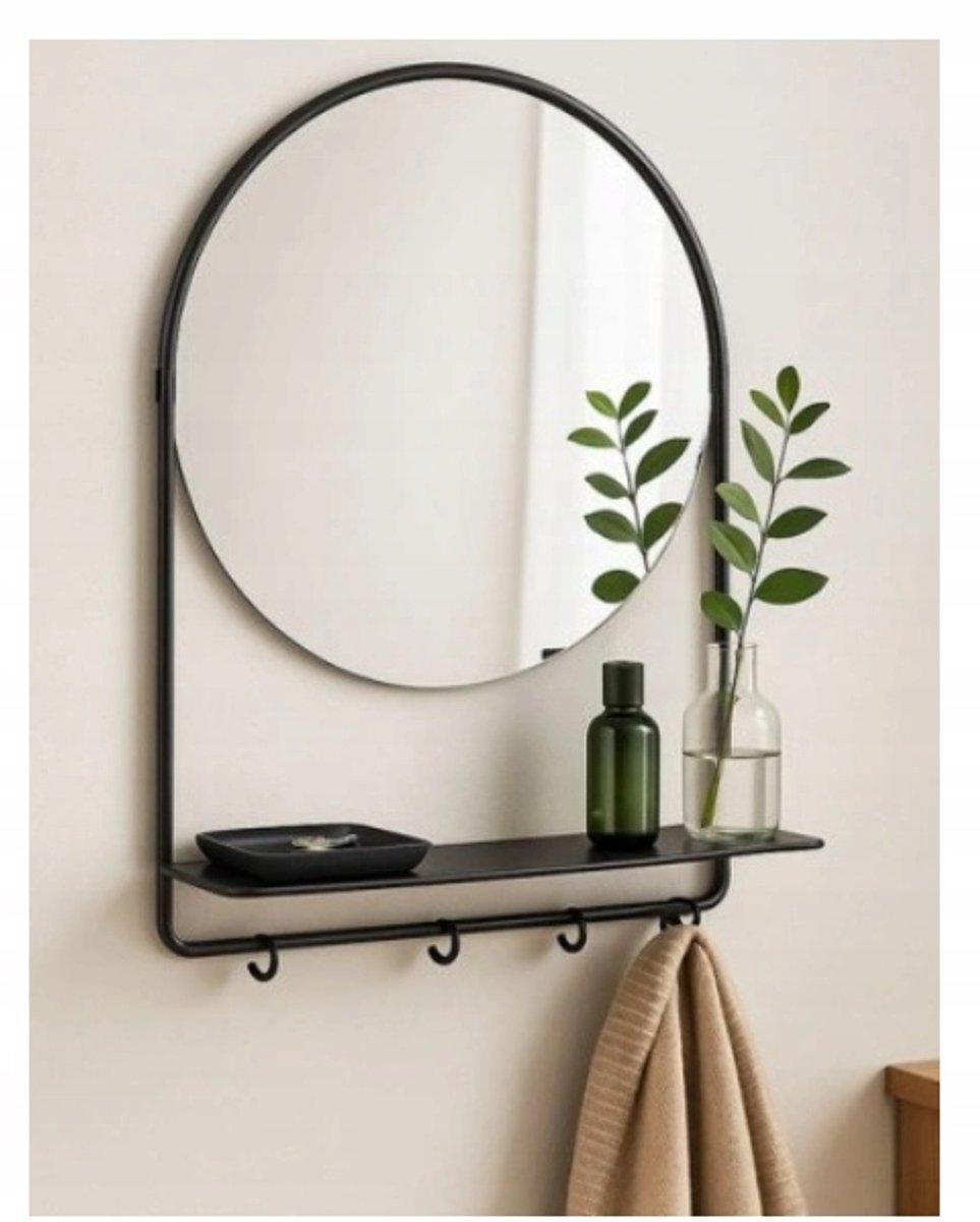 Merkloos Wandspiegel met Plank en Haken - Zwart Staal - 31,5x46,5 cm