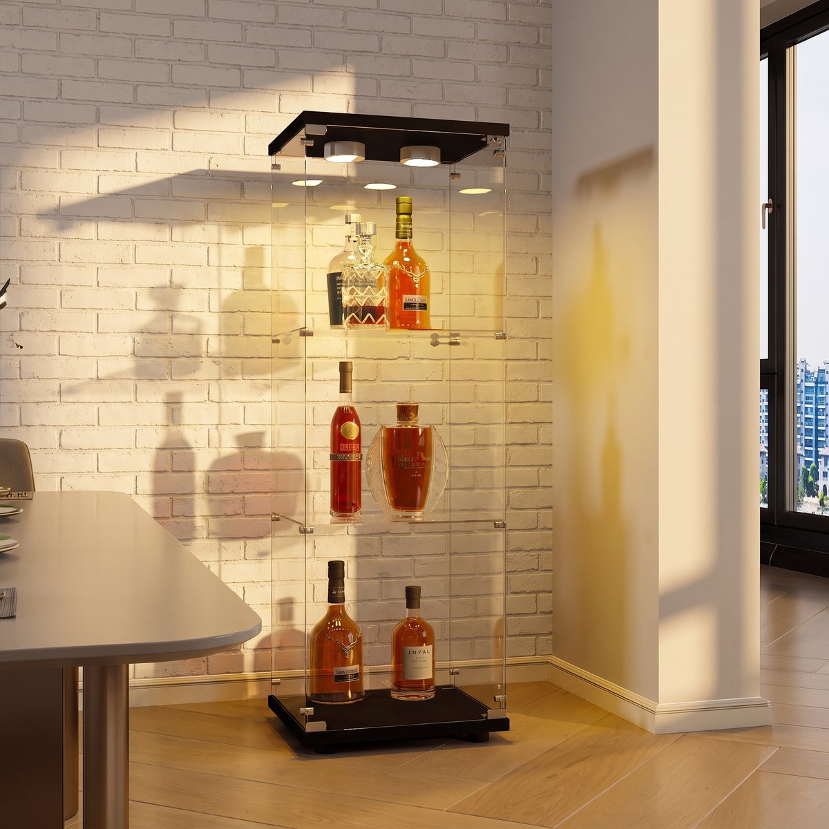 Moderne Glazen Vitrinekast met 3 Glazen Planken, 1 Deur, Ledverlichting en Slot, Gehard glas, 125x42x36 cm, Geschikt voor Woonkamer, Slaapkamer, Kantoor (Zwart + LED)