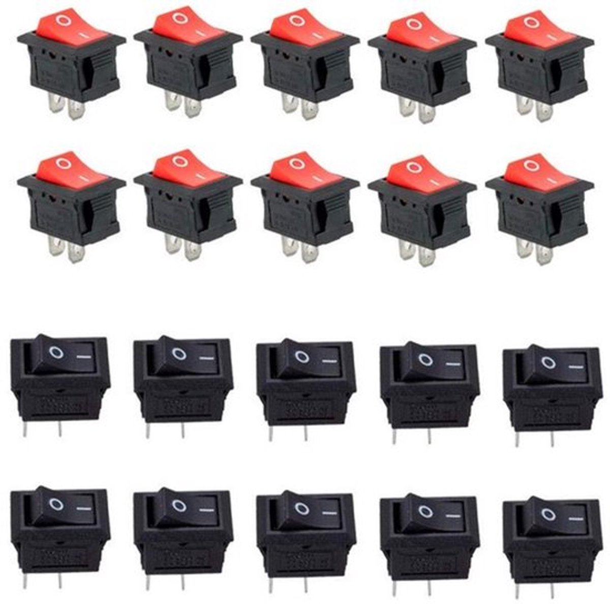 Mini Rocker Switch 2 Pin AC 6A -10A 125V -250V voor Auto Boot Thuisapparaten - Set van 20 (Zwart 10 stuk Rood 10 stuk)