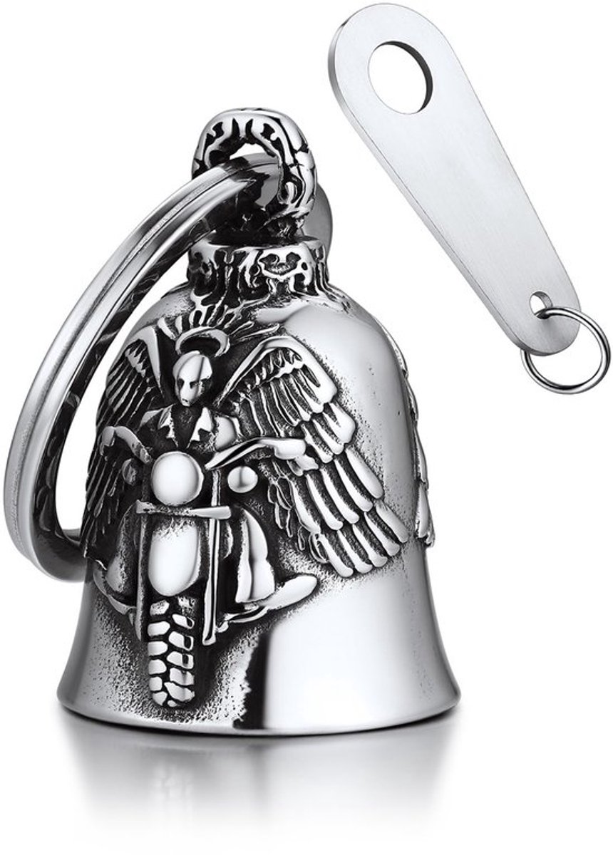 Motorcycle bel lucky charm roestvrij staal met vleugels en engel motief, Guardian Bell, zilver.