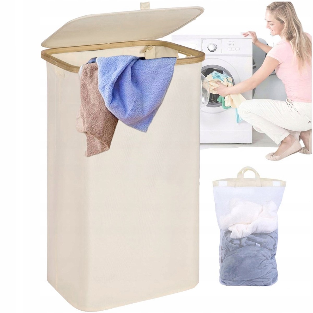 Merkloos Slim wasmand 63L met deksel en bamboe handvatten, beige