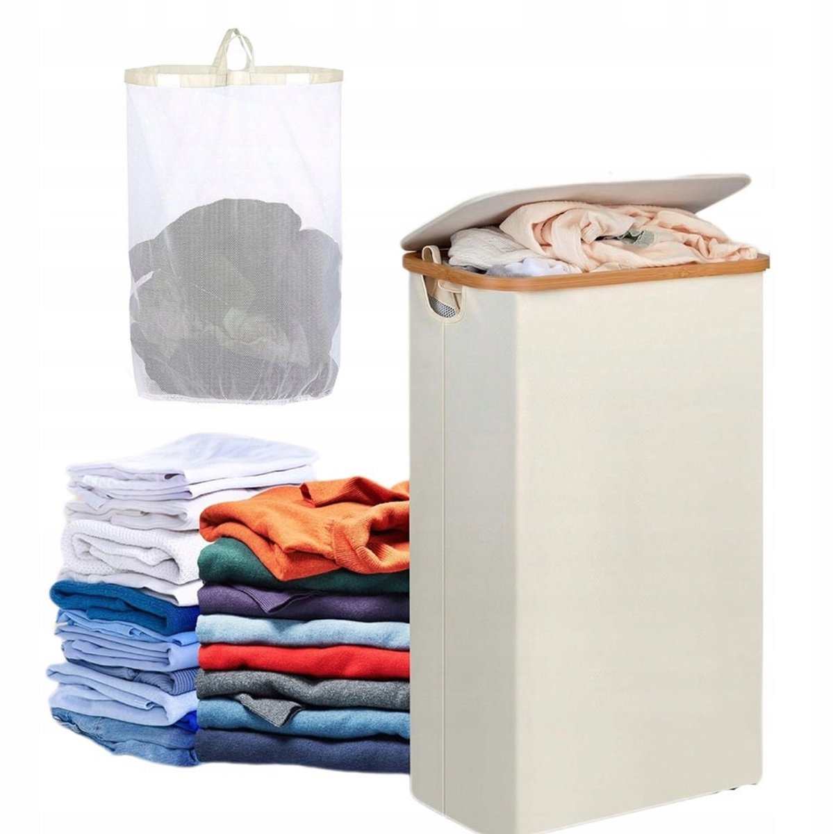 Merkloos Slimme wasmand 63L met deksel en afneembare tas - Beige