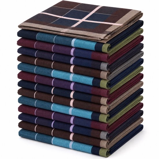 Pile de quatorze mouchoirs à carreaux et rayures dans diverses couleurs, dont le bleu, le brun et le vert.