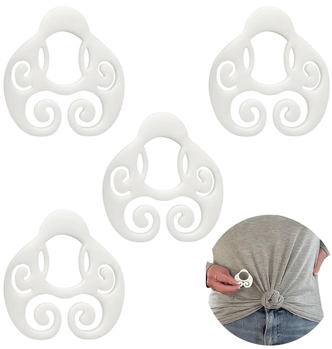 Set van 8 kledingclips voor dames, draagbare T-shirt knoopringen en T-shirt strikringen, plastic riemclips voor shirtzomen