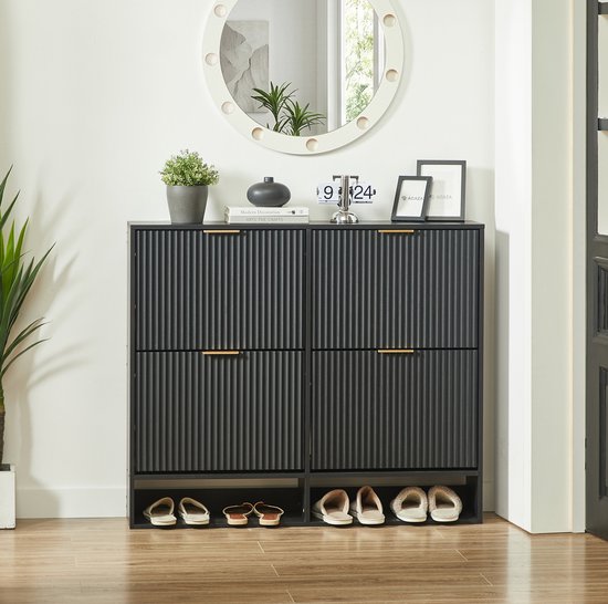 MODENUIT Schoenenkast - Nutfront Met Kantelbeveiliging - Voor Hal - Spaanplaat - Zwart - 120x24x102 Cm — afbeelding 3
