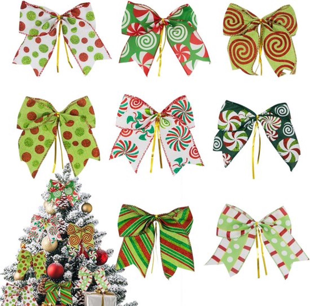 Rode Groene Kerst Strikken - 8 stuks - Grote Stippen - Kerstkrans en Boom Decoratie - Nieuwjaar Festival(s)