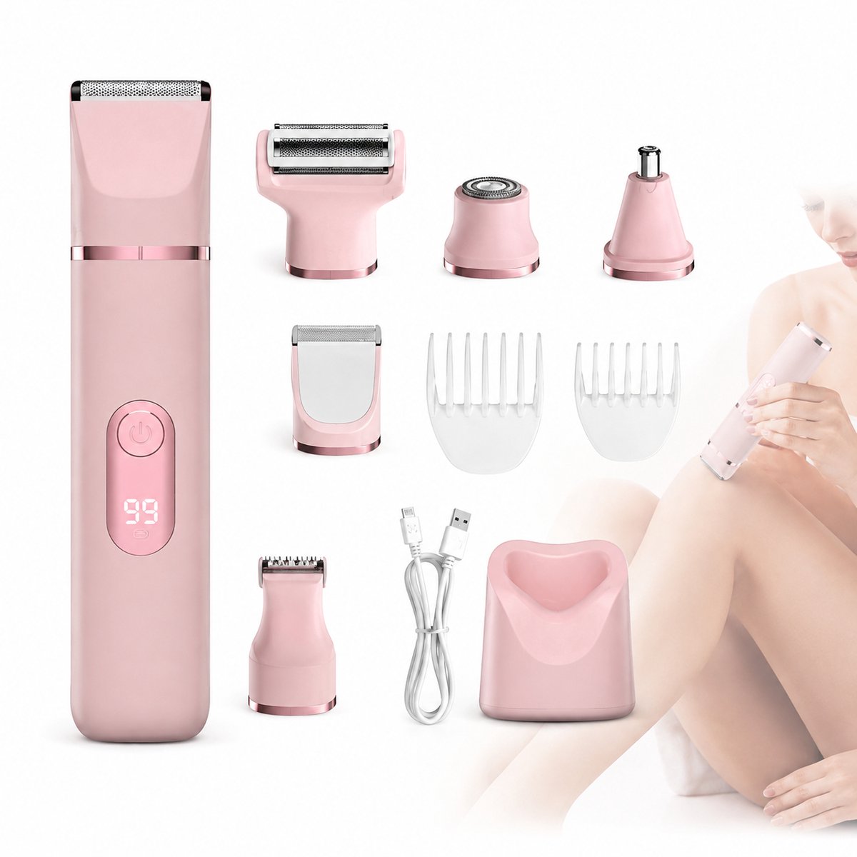 Ladyshave voor Vrouwen 5-in-1 - Scheerapparaat Dames - Bikinitrimmer, Gezichtstrimmer & Neustrimmer - 5 Opzetstukken - Nat & Droog - USB Oplaadbaar - Roze