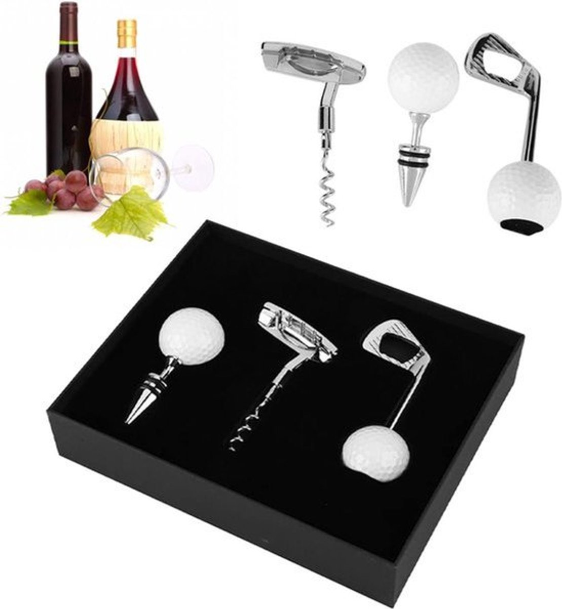 Wijnopenerset Golfbalflesopener Handmatige Wijnflesopener Kurkentrekkerset met Handvat van Zinklegering voor Bruiloft Verjaardagsdag Wijngeschenkset voor Golfliefhebbers en Bierliefhebbers (3 Stu.)
