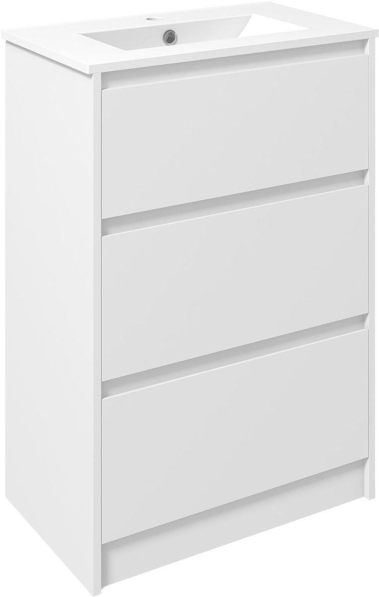 Onderkast met keramische wastafel-Badkamer Kastje Onder Wasbak-Opbergkast met 2 laden- 61 x 37 x 88 cm-Wit Glanzend Gelakt