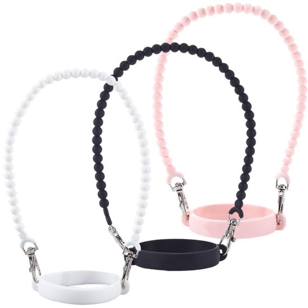 3 x Waterfles handvatten, 3 kleuren, roze, wit, zwart, zacht rubber, siliconen rond gedraaid, voor bekerflessen, draagriemen voor wandelen, wandelen