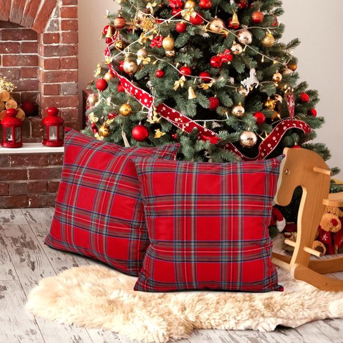 2-delige kerstkussenhoezen, korte, zachte, geruite kussenslopen, kerstkussenhoezen in Schotse stijl, kerstkussenhoezen voor huisdecoratie