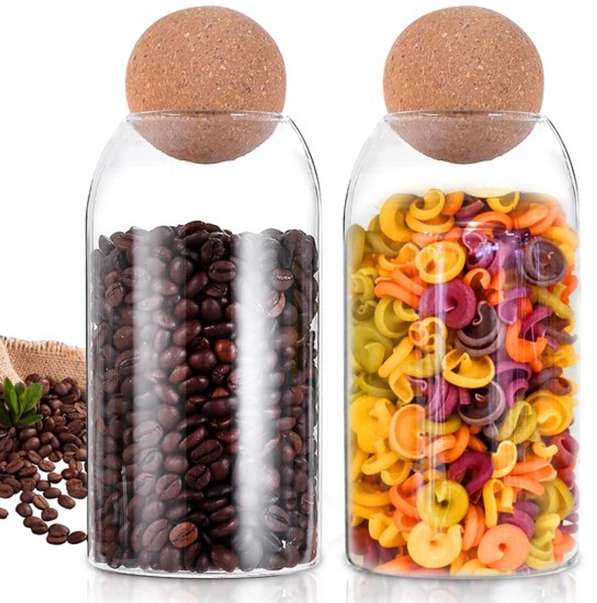 Set van 2 voorraadpotten met deksels, 800 ml snoepglas met houten deksel in bolvorm, voorraadpot voor koffiebonen, voorraadpotten met deksels, glas met deksel voor het bewaren van voedsel