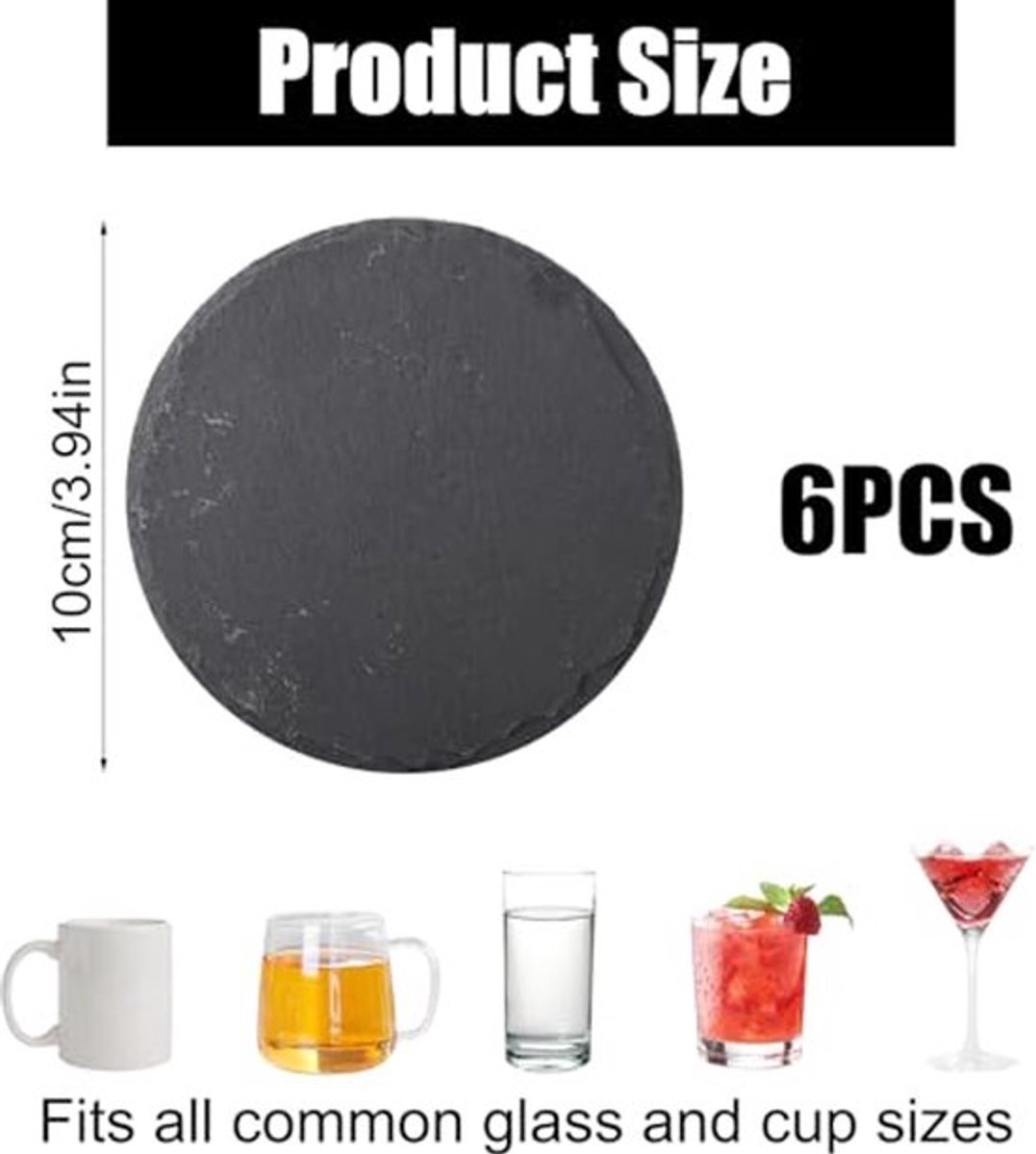 6 Stuks Leisteen Coasters, 10cm Leisteen Drink Coasters, Ronde Leisteen Coasters met Rubber Voetjes, Leisteen Coaster, voor Bar, Keuken, Huisdecoratie