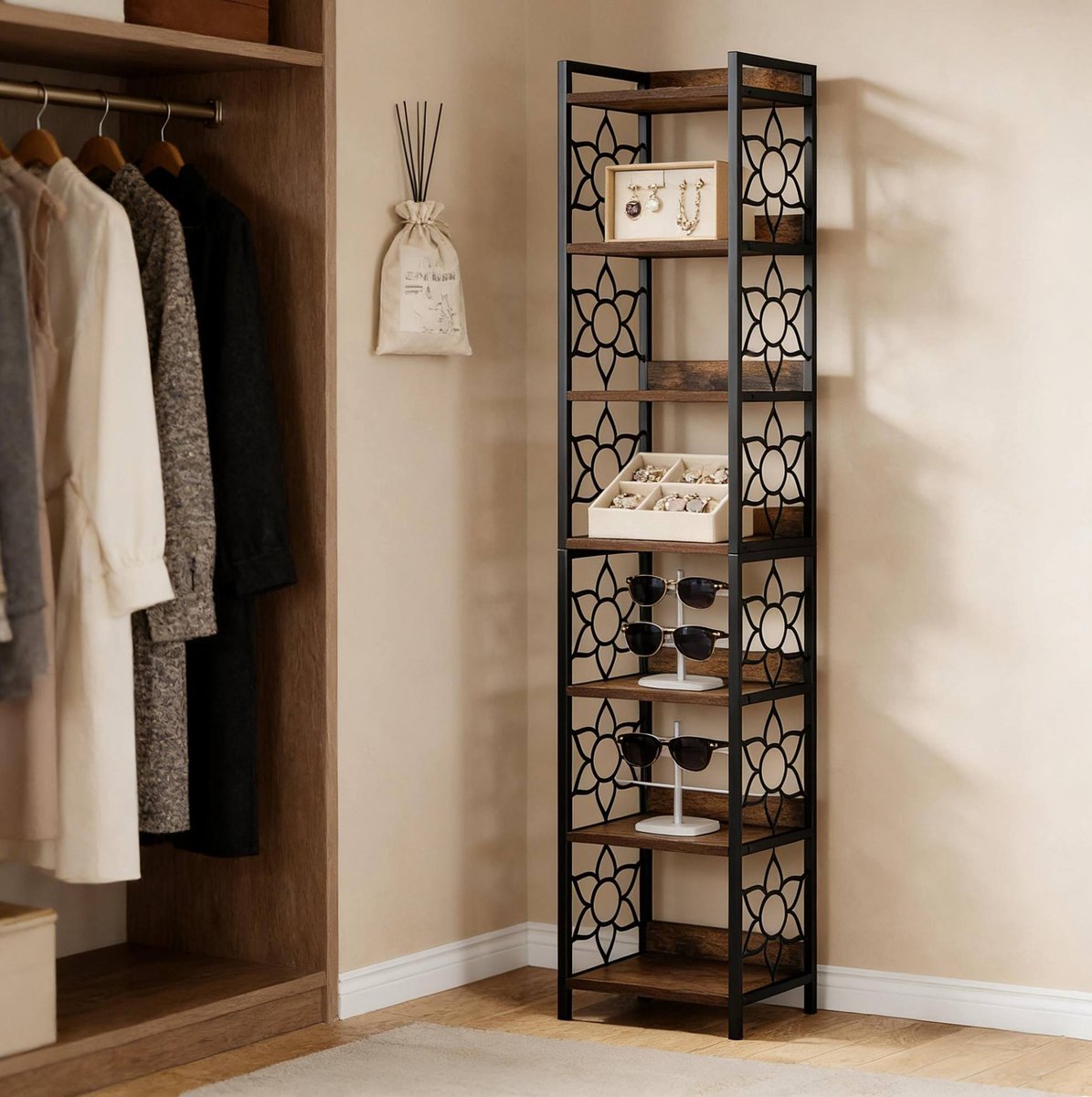 Boekenkast Open Hoekmodel Met 7 Niveaus MDF Metaal Zwart Rustiek Bruin Voor Woonkamer Balkon En Plantenpresentatie