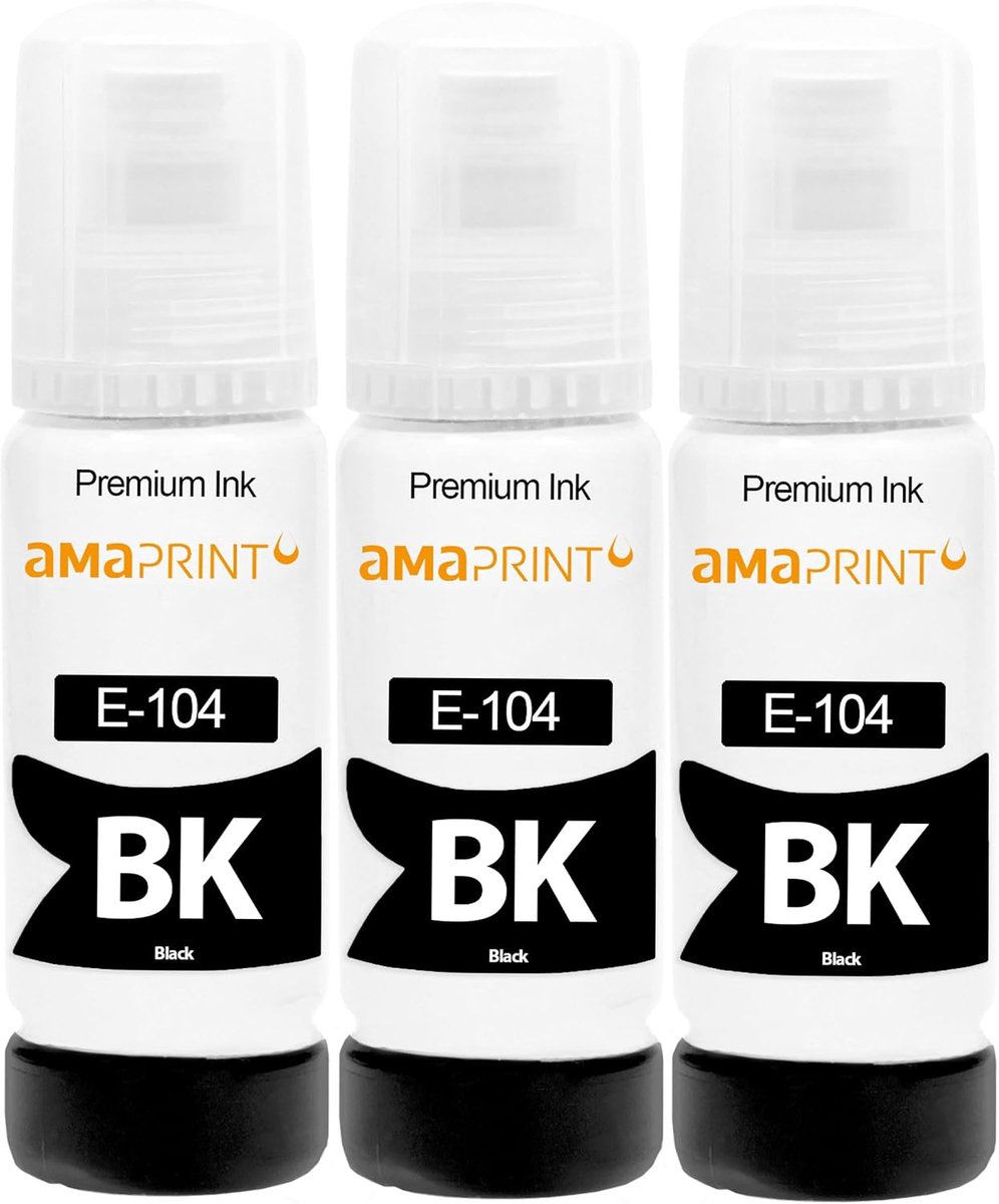 Inktflessen zwart 3x70ml - compatibel met Epson 104 - diepzwart en streeploos - tot 4500 pagina's - ShopVlot