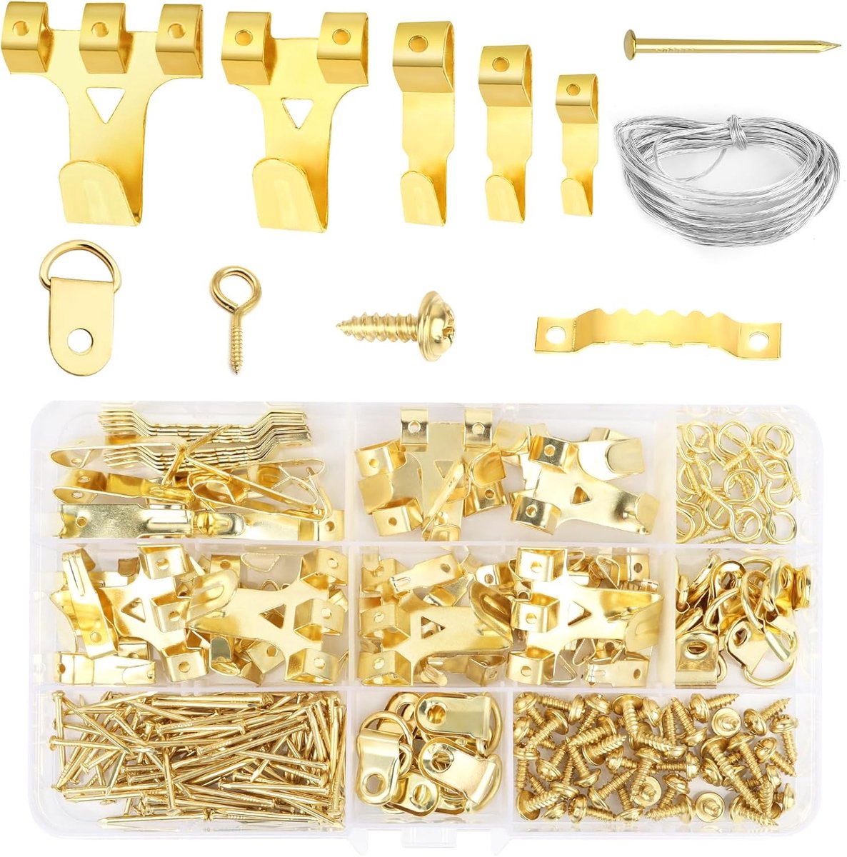 Foto haken set 250 stuks - zware kwaliteit roestvrij staal - inclusief draad en D-ringen - ShopVlot