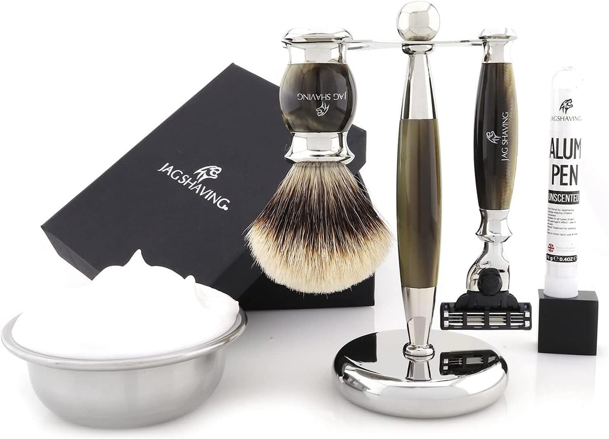 Scheerset 5-delig - Silvertip Buidelborstel - Groene imitatie hoorn - Perfect voor een gladde scheerbeurt - ShopVlot