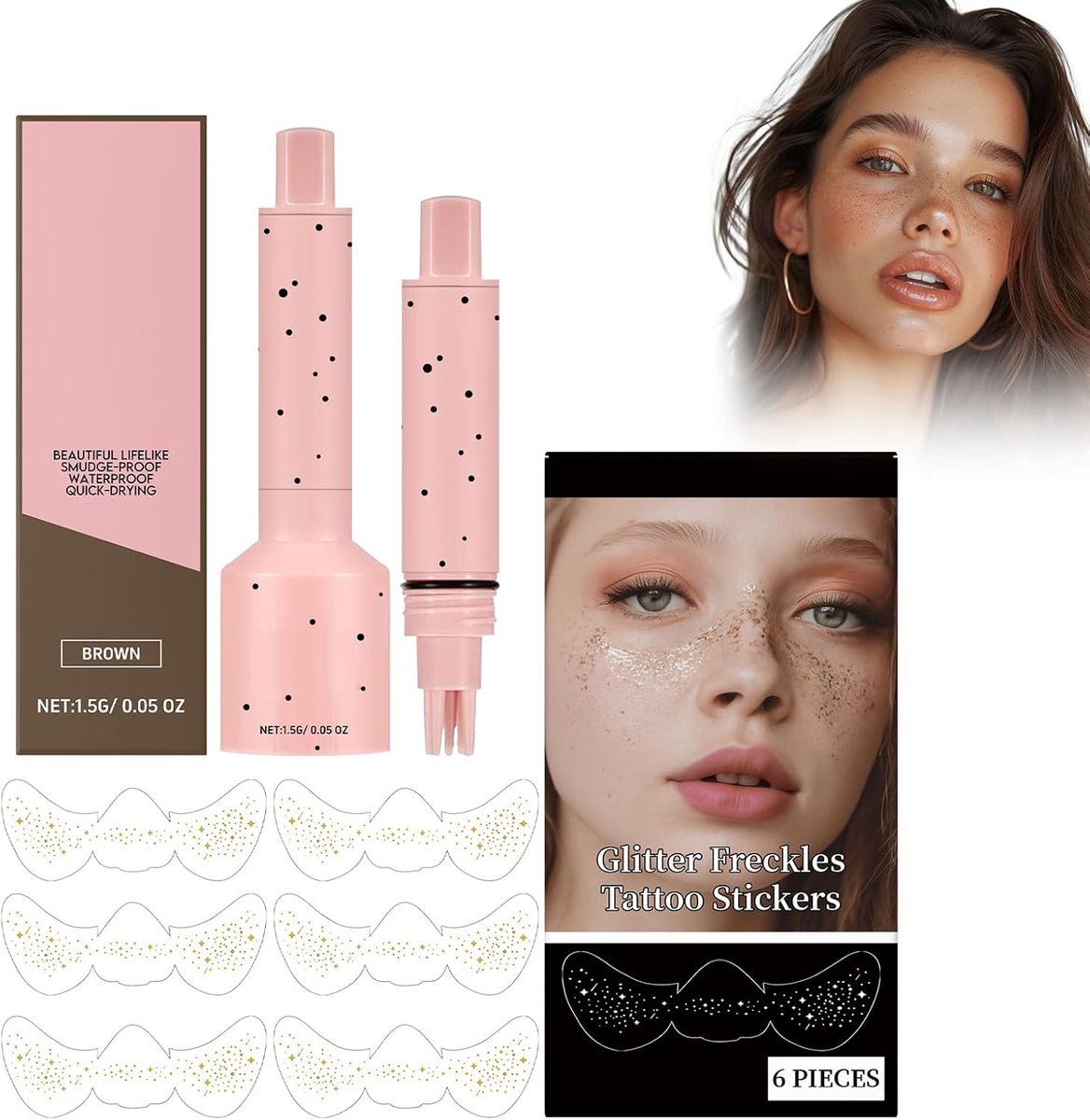Freckles Pen en Sticker Set - 6 Stuks - Natuurlijke Make-Up - Creëer Elegante Freckles - ShopVlot